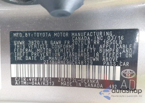 2016 Toyota Corolla Le Plus z USA, uszkodzony, nr VIN 2T1BURHE9GC648129